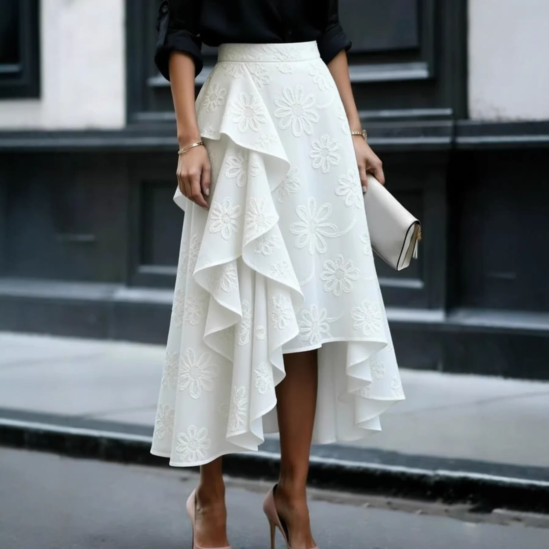 2026 New Amazon Independent Brand Irregular Wave-Edge Stylish and Versatile Layered Mid-Length Skirt