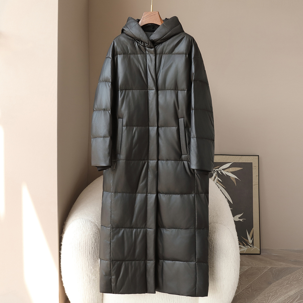 Long-Term Stock Spring 2025 Hooded Genuine Leather down Fashionable New Over-The-Knee Long Warm Goose down Jacket for Women