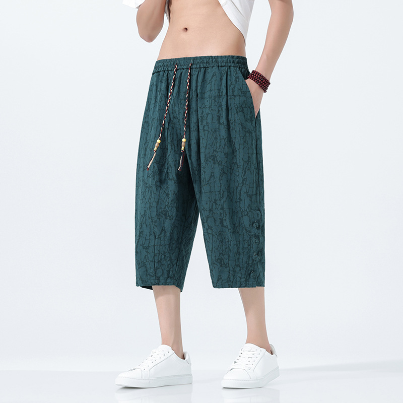 Men's Summer Cropped Pants Chinese Style Jacquard Shorts Loose Large Size Casual Pants Student Straight Pants Trendy Beach Pants