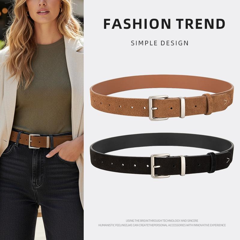 Matte Suede Cowhide Women's Belt for Casual Pants, Jeans, and Skirts with Decorative Pin Buckle, High-End Leather Belt