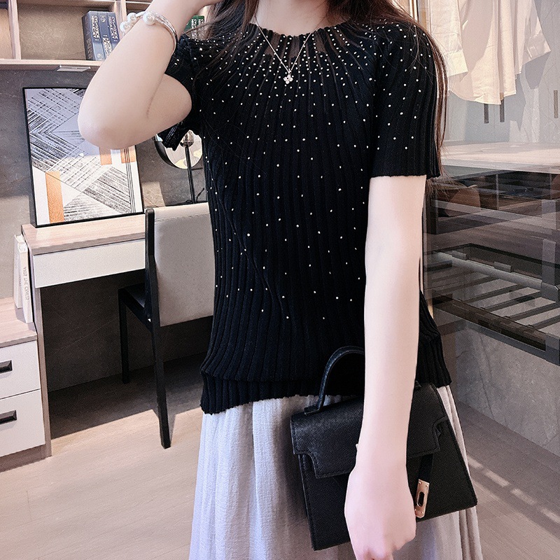 3 Summer New Style Round Neck Rhinestone Hollow-Out Short-Sleeve T-Shirt for Women, Tencel Knit Top, Color-Blocking Thin Slim-Fit Half-Sleeve
