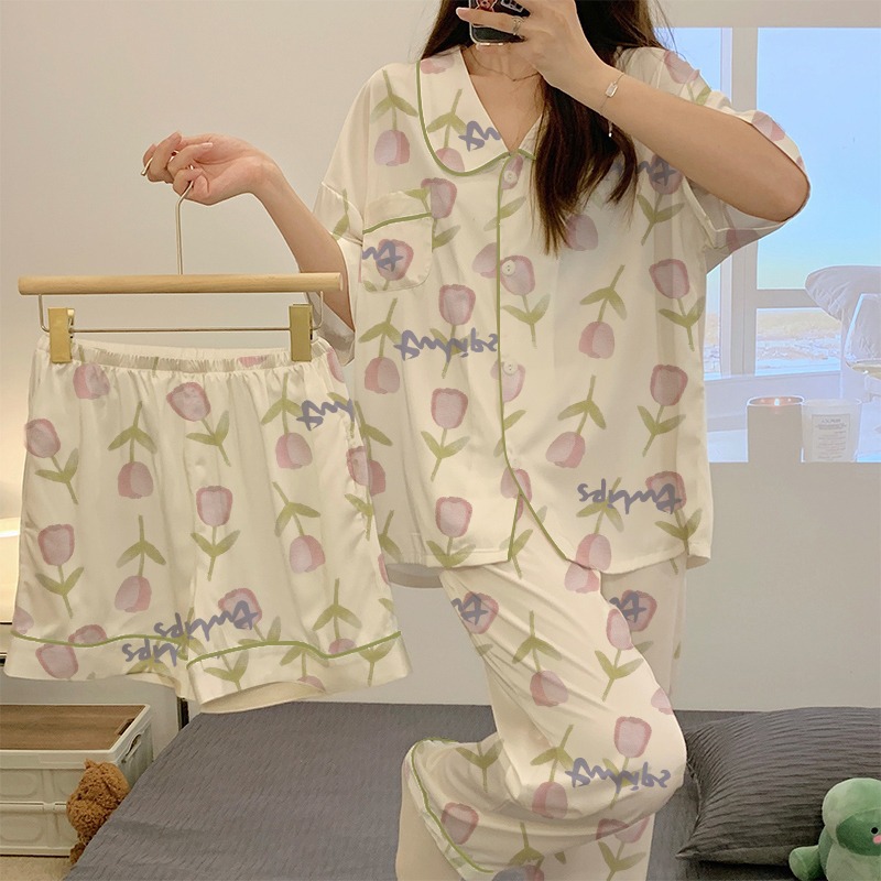 Forest-Style Tulip Pajamas for Women, Summer Short-Sleeved Three-Piece Set, Loose-Fitting Women's Home Wear Set, Factory Direct Sale