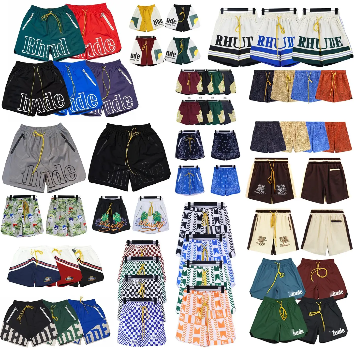 外贸现货RHUDE短裤字母印花休闲拼色宽松高街潮牌五分沙滩裤