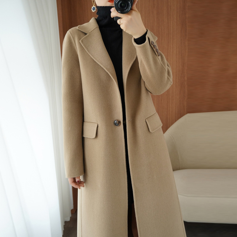 Korean Style Elegant Slim-Fit Double-Sided Cashmere Coat for Women, Mid-Length 2025 New High-End 100% Wool Woolen Coat for Women