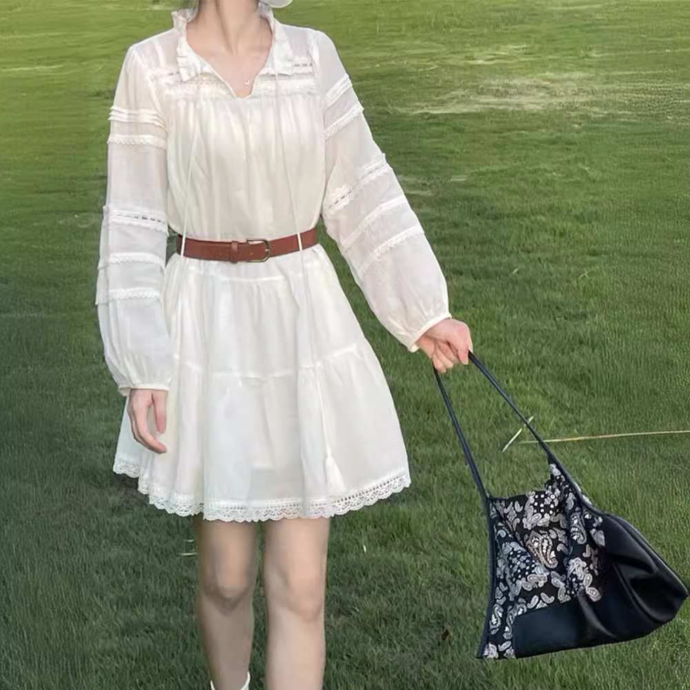 Korean Style White Lace Cutout Dress for Women 2026 Spring and Summer New Design Waist-Cinching Long-Sleeved Doll Princess Dress