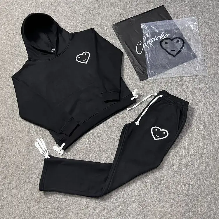 Carsicko Heart Sports Suit Fleece-Lined Fabric Sweatshirt Sports Pants Winter European and American Hip-Hop Popular Trend