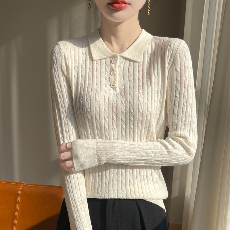 Lap Collar Twist Wool Knitwear Women's Spring Design Niche Sweater OUst POLO Collar Design Top