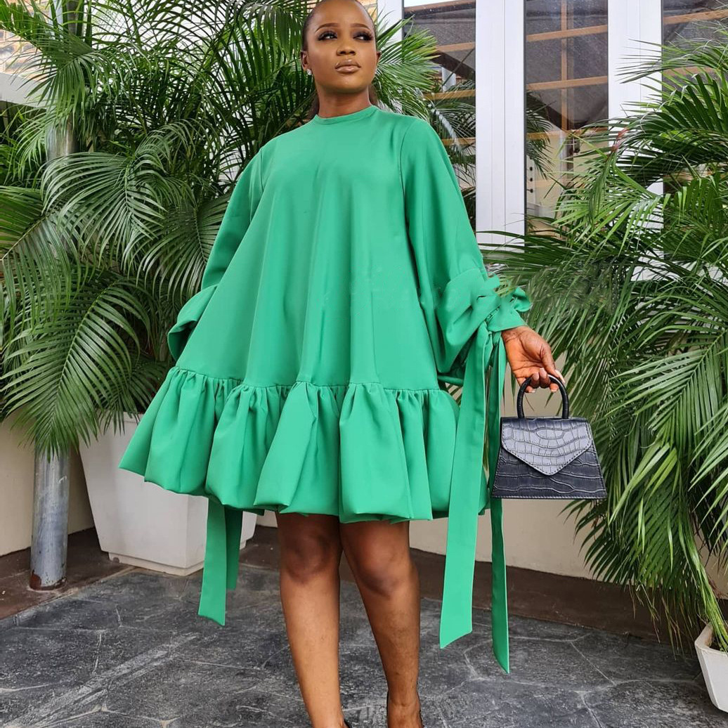 D3068 2021 autumn Amazon independent station loose solid color puff sleeve European and American plus size foreign trade cross-border dress