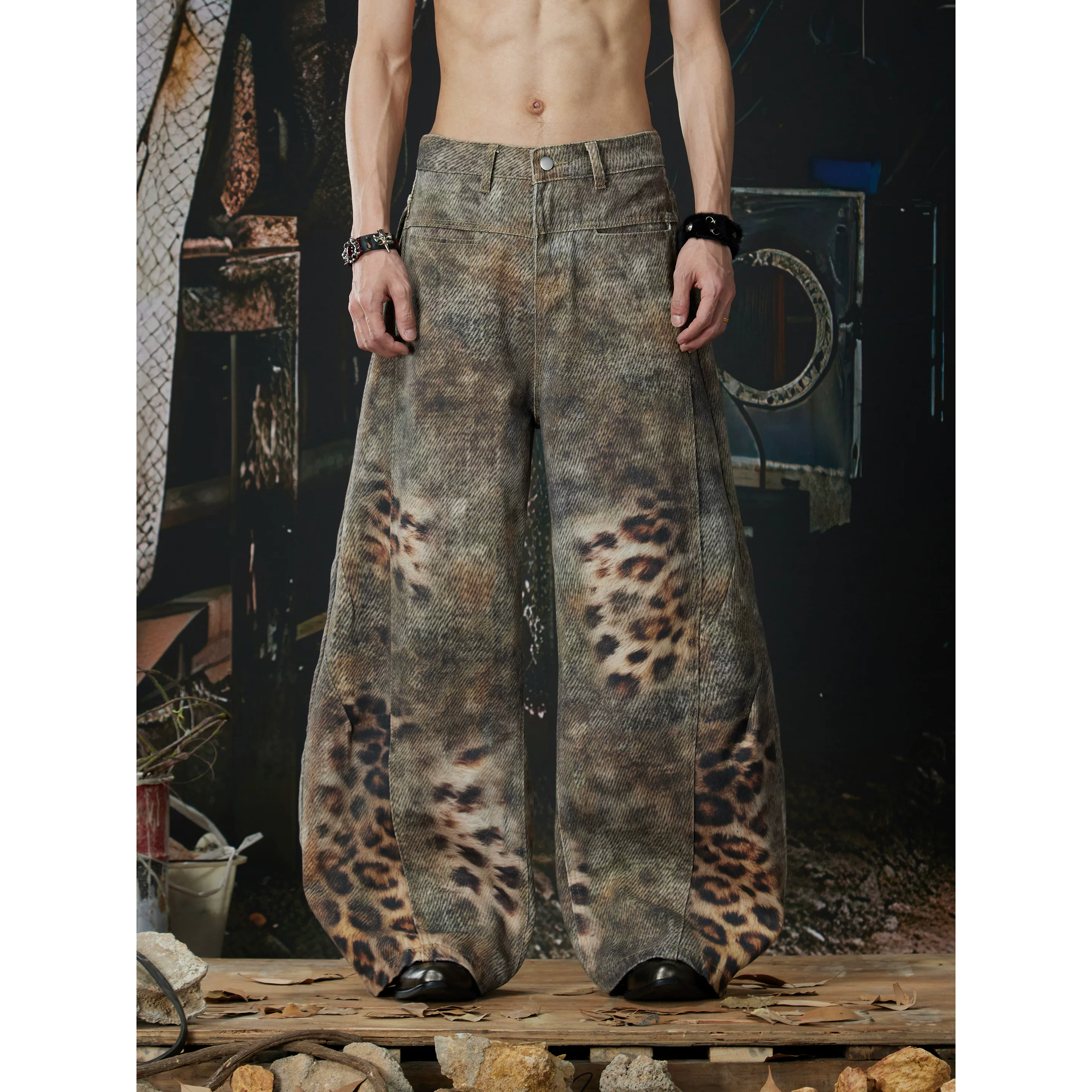 Unmanned island new product 3D printed mottled leopard print y2k loose wide leg curved knife pants casual pants for men and women