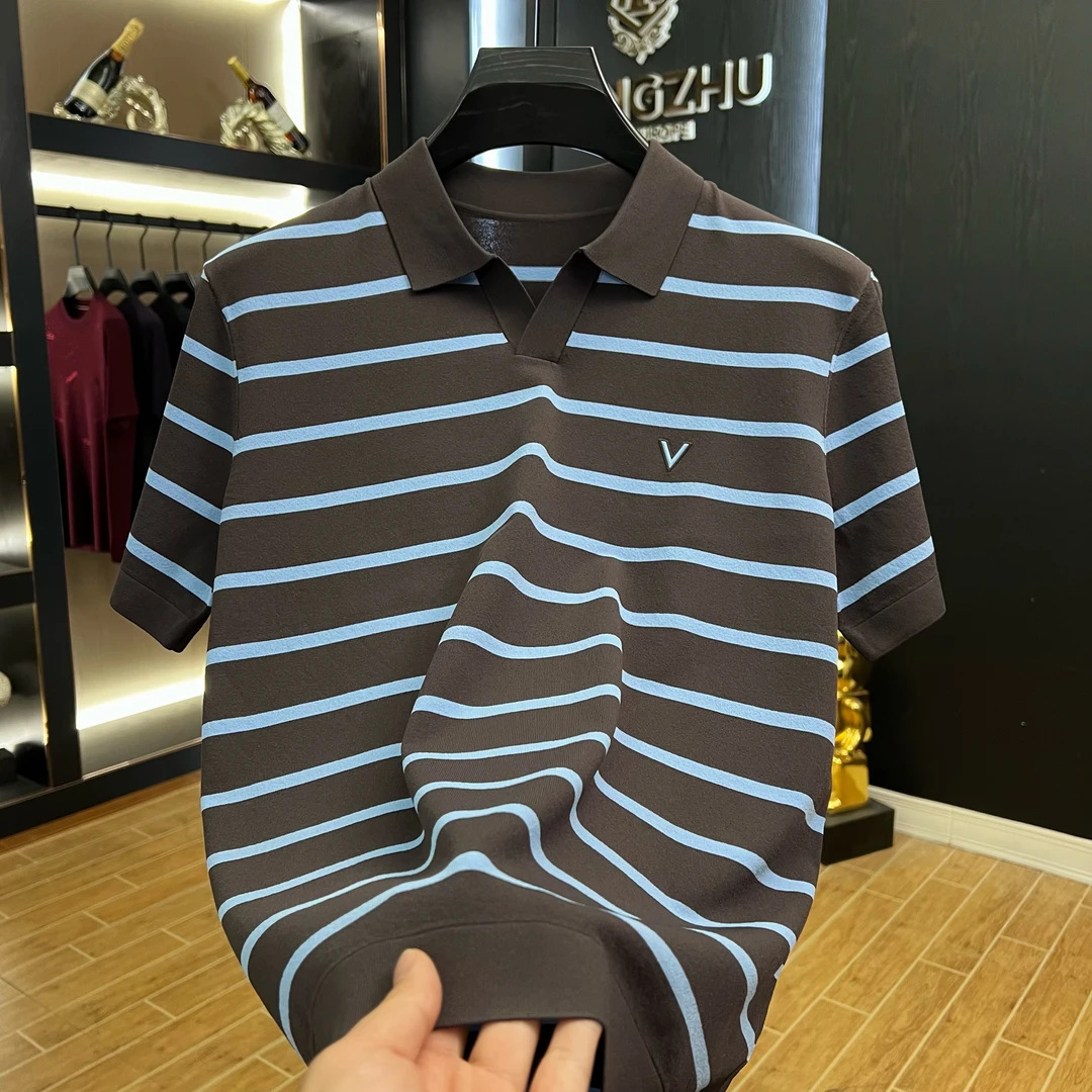 Striped Seagull Collar! Old Money Series~Summer Fashion Turn-Down Collar Horizontal Stripe Slimming Knit Shirt Men's Short-Sleeve T-Shirt