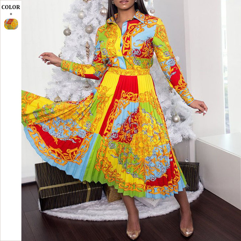 2025 New Style 8192 Lapel Long Sleeve High Waist Slim Large Size Printed Casual Swing Skirt Women's Dress