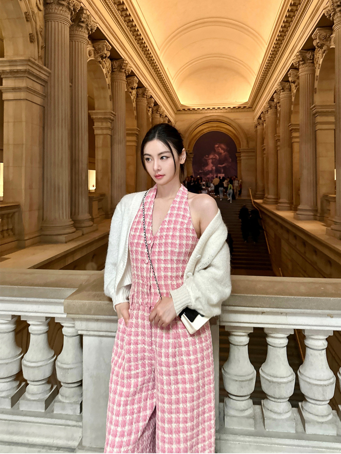[Clearout No Returns or Exchanges] Chaebol Daughter’S Same Style Pink Plaid Halterneck Tube Top Jumpsuit Bai Fumei