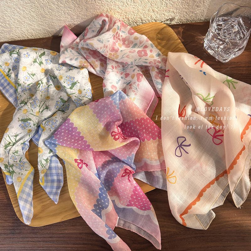 Artistic Cotton and Linen Pastoral Style Floral Headscarf, New Versatile High-End Hair Tie, Silk Scarf, Square Scarf