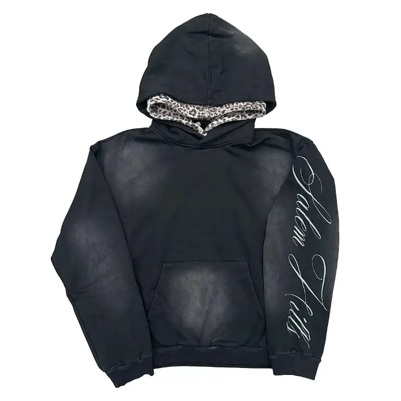 Cross-Border European and American Retro Black Double-Cap Leopard Print Splicing Hoodie Men's Y2K Gothic Fashion Street Hip-Hop Sweatshirt