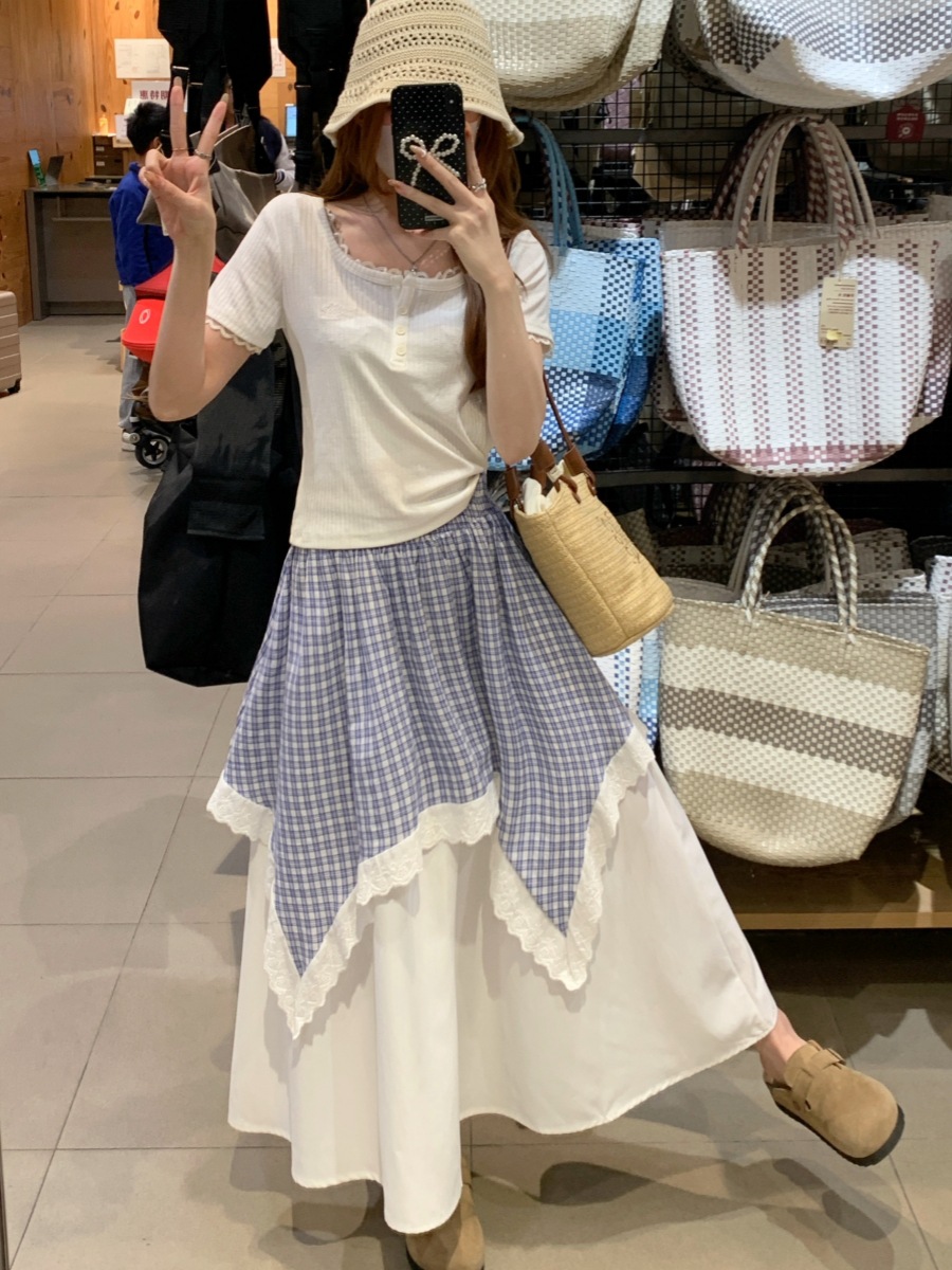 Blue Plaid Double-Layered Irregular Ruffle Skirt for Women, Summer 2026 New Style, Large Hem A-Line Mid-Length Skirt