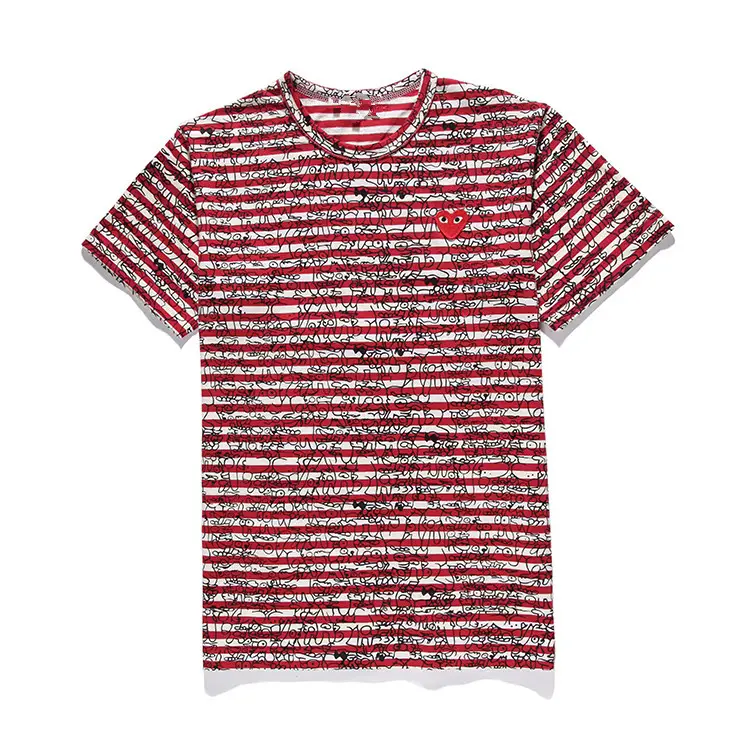 Japanese Style Trendy Brand T-Shirt Heiplay Peach Heart Men's and Women's Love Short Sleeve Round Neck Pure Cotton Striped Graffiti Couple's Style