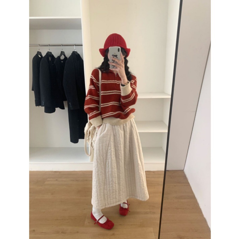 Egg Collar Striped Sweater Retro Half-Zip Thick Knitwear for Women Autumn and Winter New Style Lazy Design Slimming