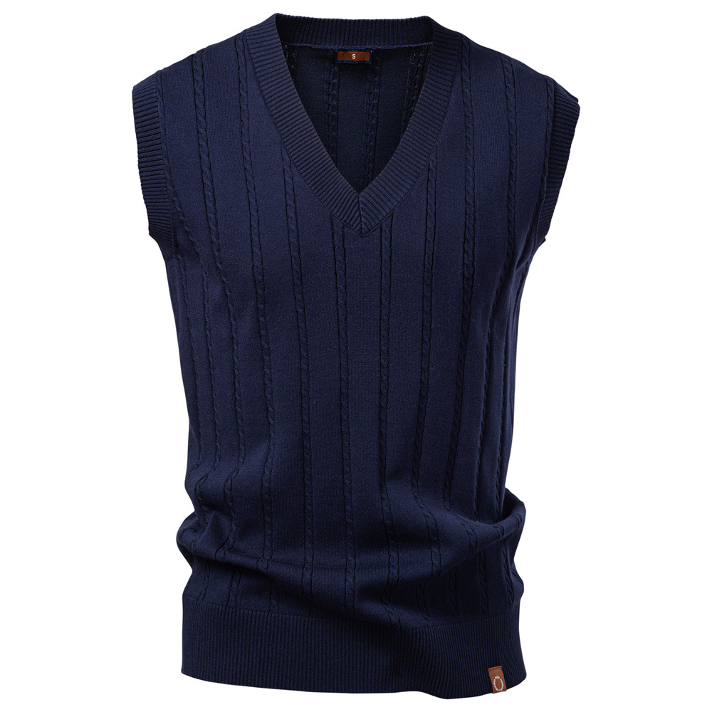 2025 Autumn/Winter European Size V-Neck Cable Knit Sweater Vest Cross-Border Trade Men's Business Sweater Vest Long Sleeve