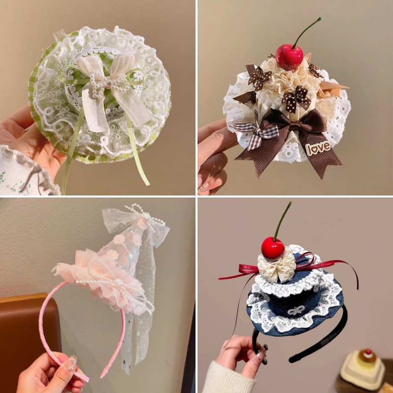 Japanese-Style Sweet Girl Birthday Cake Hat Headband Cherry Lace Bow Headband Soft Cute Girly Lolita Accessory