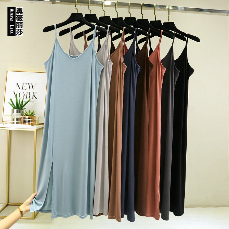 2023 Modal Slip Skirt Women's Sleeveless Loose Slim-fit Base Skirt Solid Color Large Size Front Split Thin Long Skirt