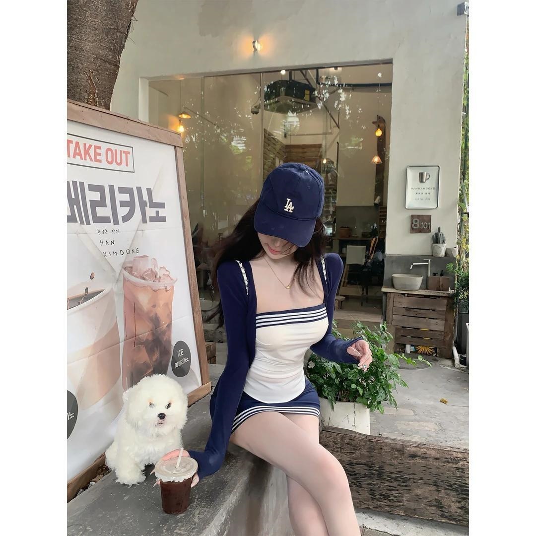 Stylish Hot Girl Sweet College Girl Tube Top Short Top Cardigan Long-Sleeve Bodycon Skirt Age-Reducing Three-Piece Set Autumn