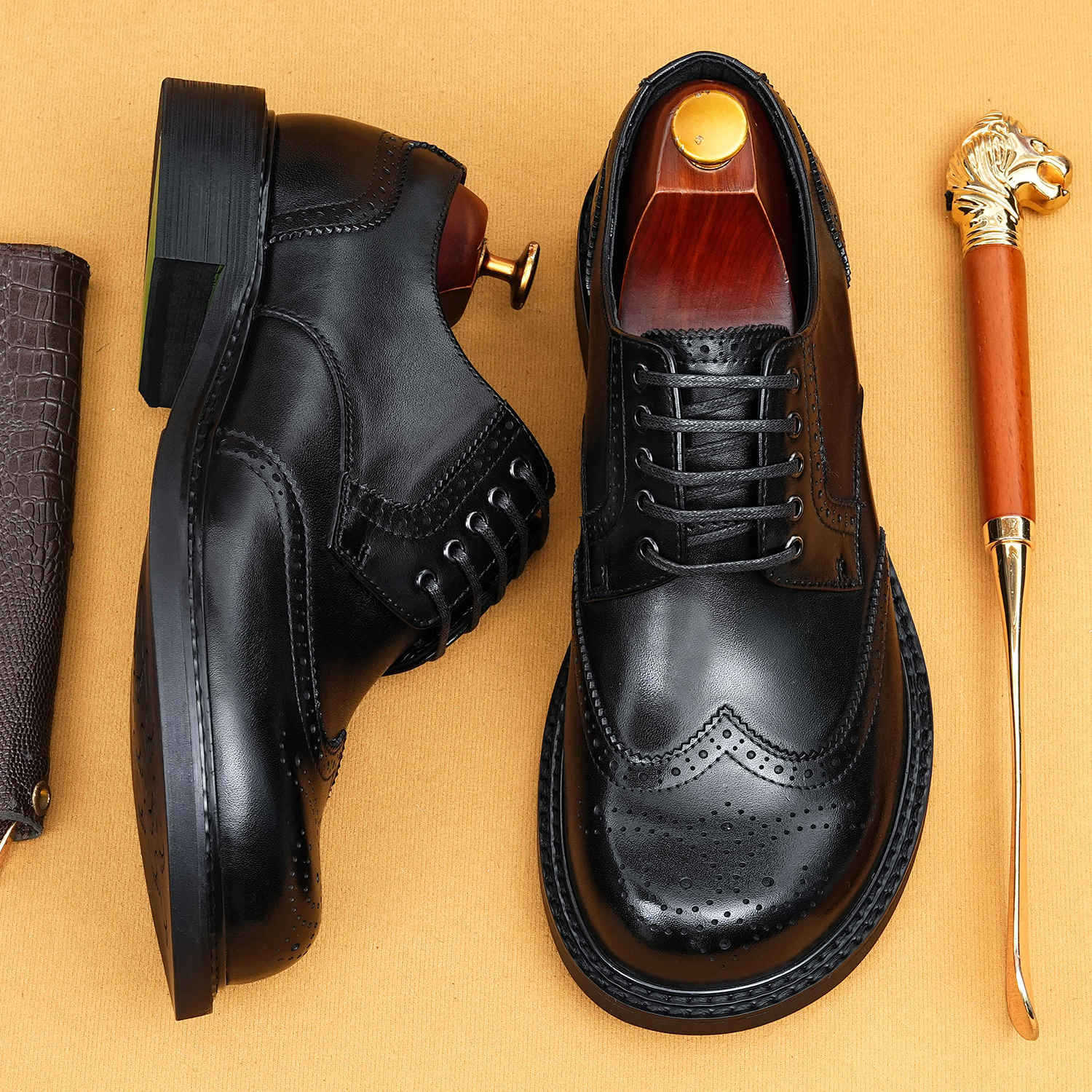 Men's Leather Shoes 2026 New Style Genuine Leather British Brogue Derby Shoes Business Formal Wide-Foot Men's Shoes