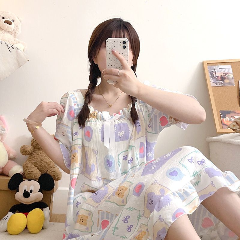 2026 Short-Sleeved Nightgown for Women, Summer Thin Cotton with Chest Pads, Home Wear, Anti-Bump, Can Be Worn Outside, Cross-Border Set