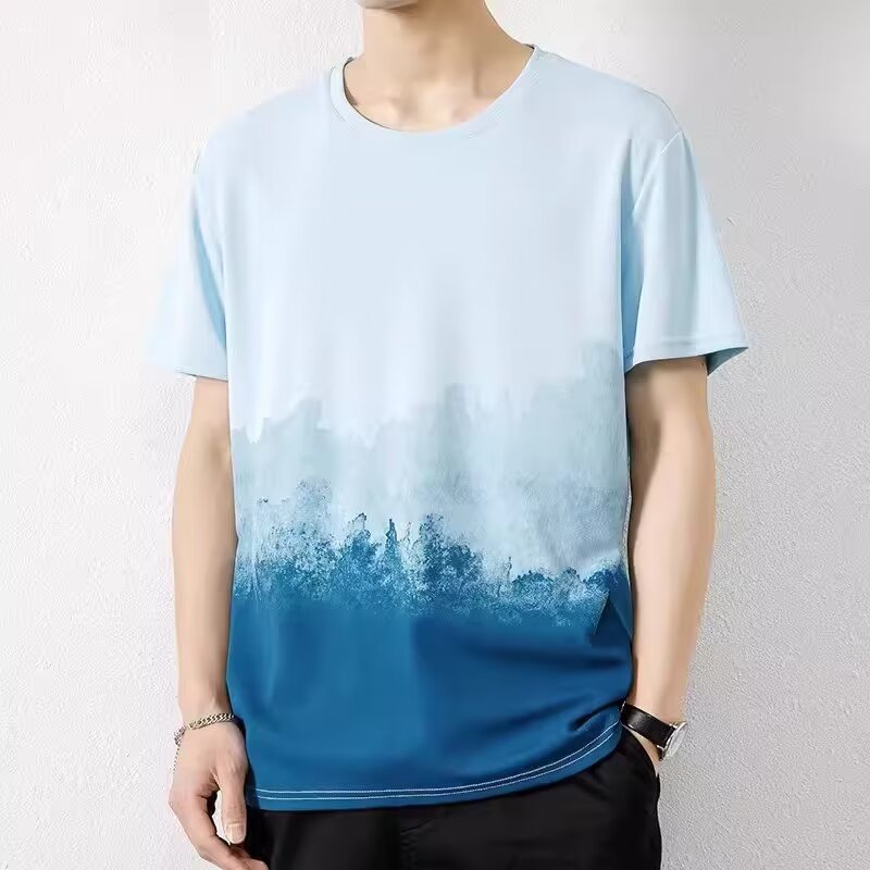 Ice Silk Mesh Short-sleeved T-shirt Men's Summer 2024 New Korean Style Thin Gradual Color Summer Top Trendy T-shirt