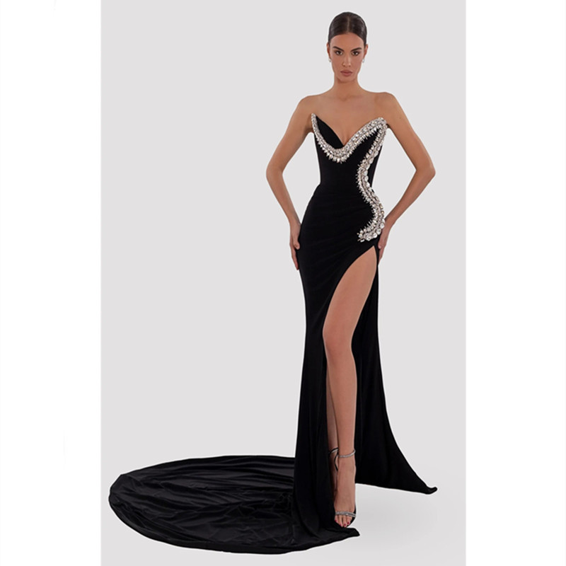 Cross-border Shining Fine Rhinestone Sexy High Split Low-cut Strapless Black Long Dress Elegant Red Carpet Banquet Evening Dress