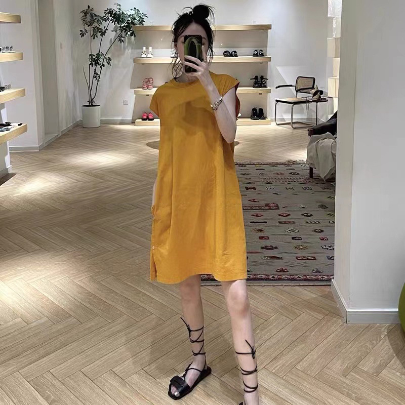 [Clearance, No Returns/Exchanges] Solid Color Sleeveless Cotton Dress with Side Buttons, High Waist Vest Dress for Women, Korean and Japanese Style Casual