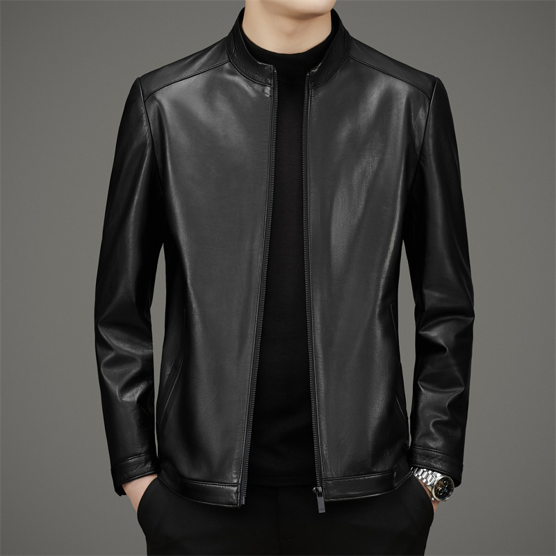 Spring and Autumn 2025 New Tire Cowhide Leather Men's Genuine Leather Biker Men's Jacket with Vertical Collar Calf Leather Jacket
