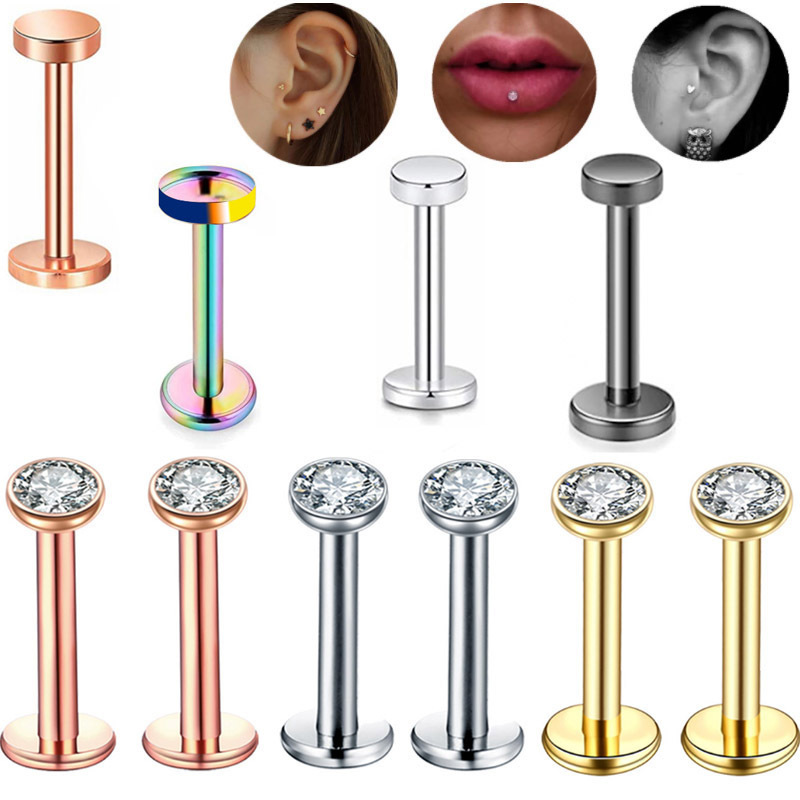Cross-Border Creative Flat Bottom Diamond Lip Nail Ear Cartilage Nail Stainless Steel Body Piercing Jewelry Wholesale Earrings