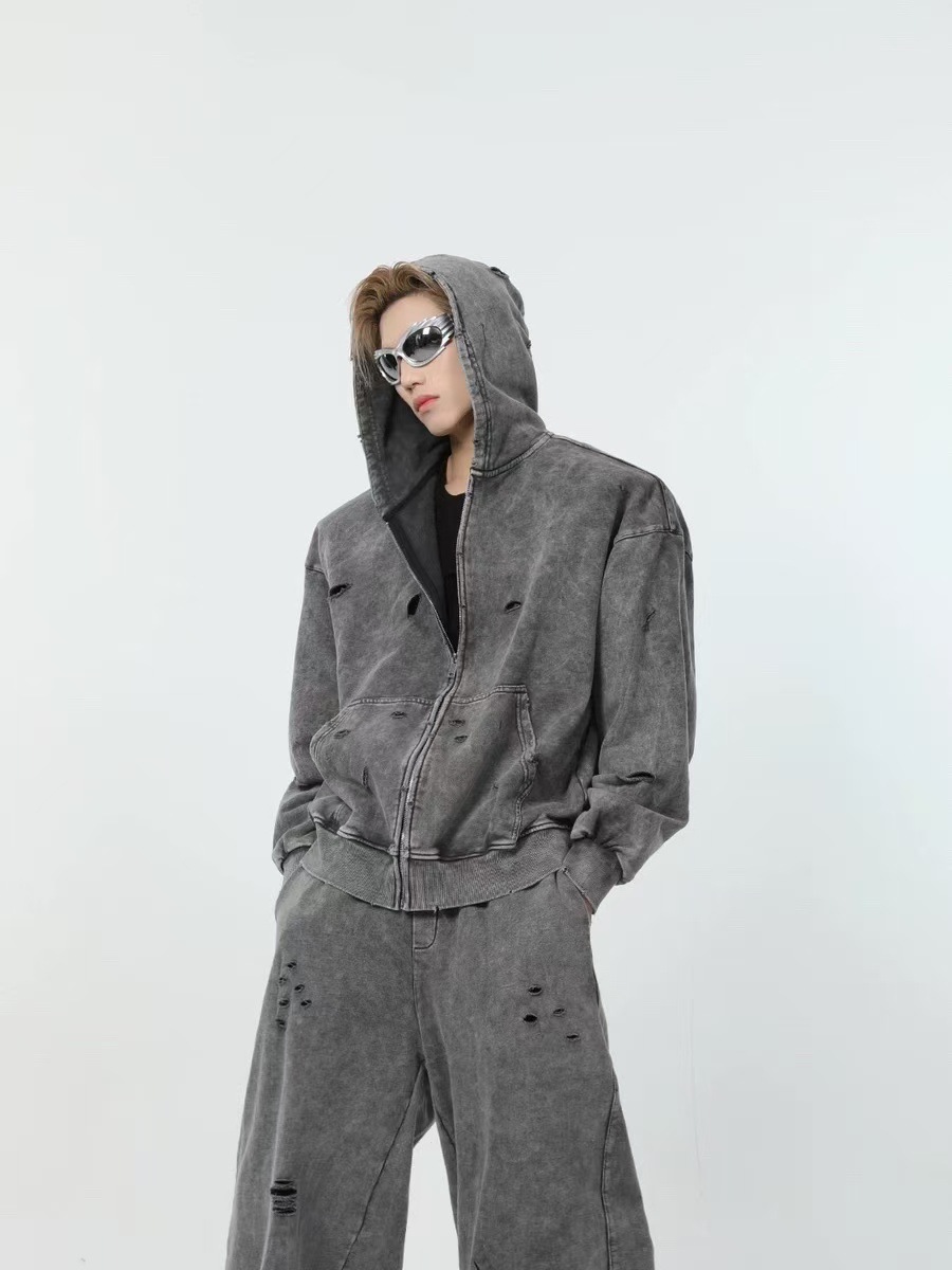European and American Autumn and Winter New Ripped Hooded Sweat Washed Heavy-weight Loose All-match Retro Men's and Women's Fashionable Brand Top