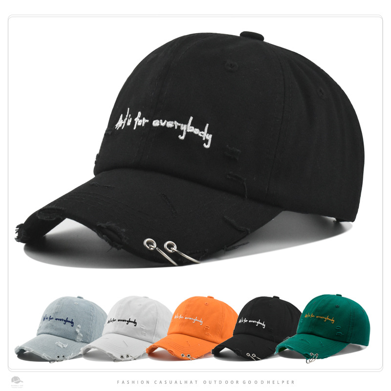 Spring and Autumn New Women's Letter Embroidered Iron Ring Fashion Ripped Street Baseball Cap Outdoor Korean Hip Hop Duck Tongue Hat
