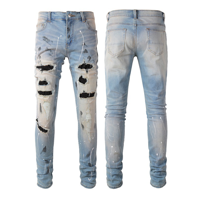 Cross-Border Men's Jeans, Men's Amri Style Ripped Jeans with Whiskers, Rhinestones, and Graffiti, Slim-Fit Skinny Jeans for Men