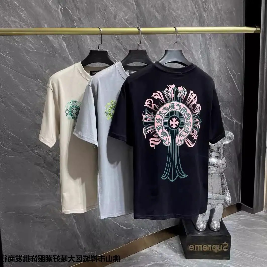 Correct Version of Chrome Hearts23Ss Colorful Horseshoe Buckle Cross Short-Sleeved Men's Pure Cotton Large Size T-Shirt