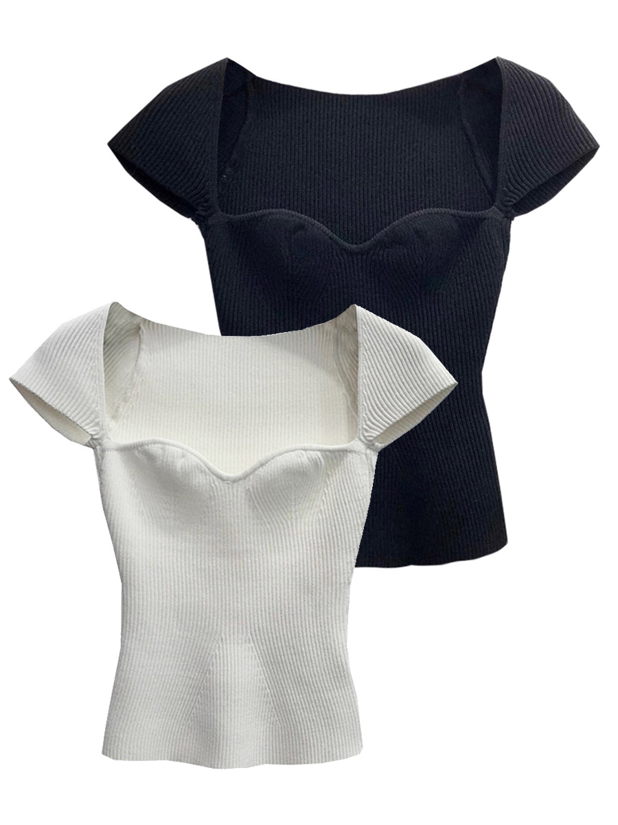 French single M's 2024 Summer new large square collar short-sleeved sweater women's slim fit simple all-match sexy T-shirt