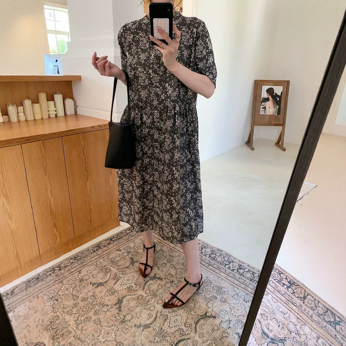 Forest Style Floral Stand Collar Single-Breasted Dress for Women 2026 Summer New Short-Sleeved Mid-Length Dress