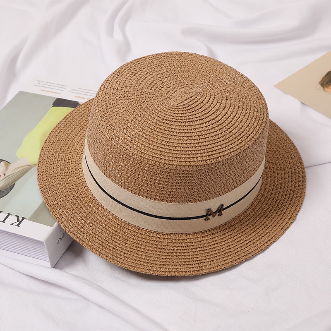 Hat Women's New Summer British Flat-Top Straw Hat Korean Style Small Fresh Hat Beach Sun Protection Hat Travel Sun Hat