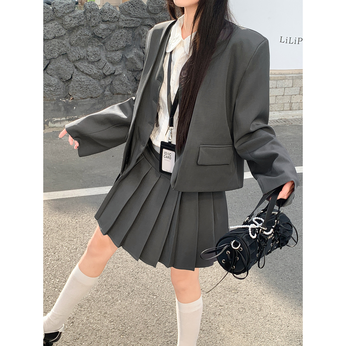 Early Autumn Stylish High-Quality Versatile Solid Color Patchwork Double-Breasted Blazer + Slim Pleated Skirt Set
