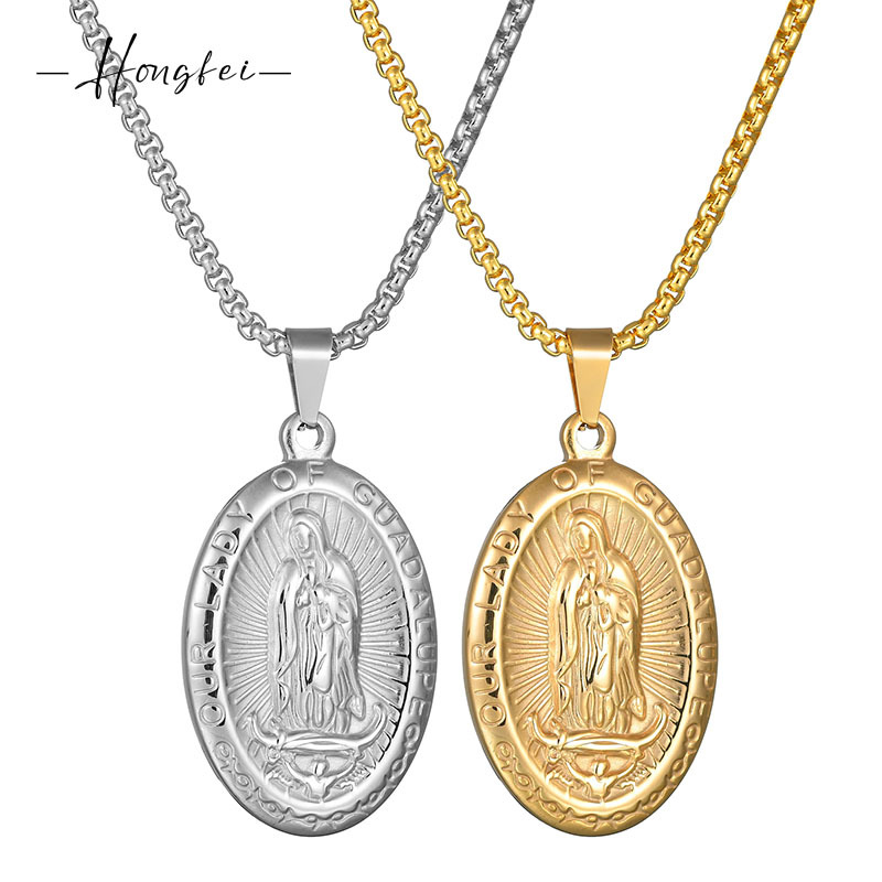 European and American Personality Retro Letter Embossed Portrait Oval Pendant Necklace for Men and Women Square Pearl Stainless Steel Couple Jewelry