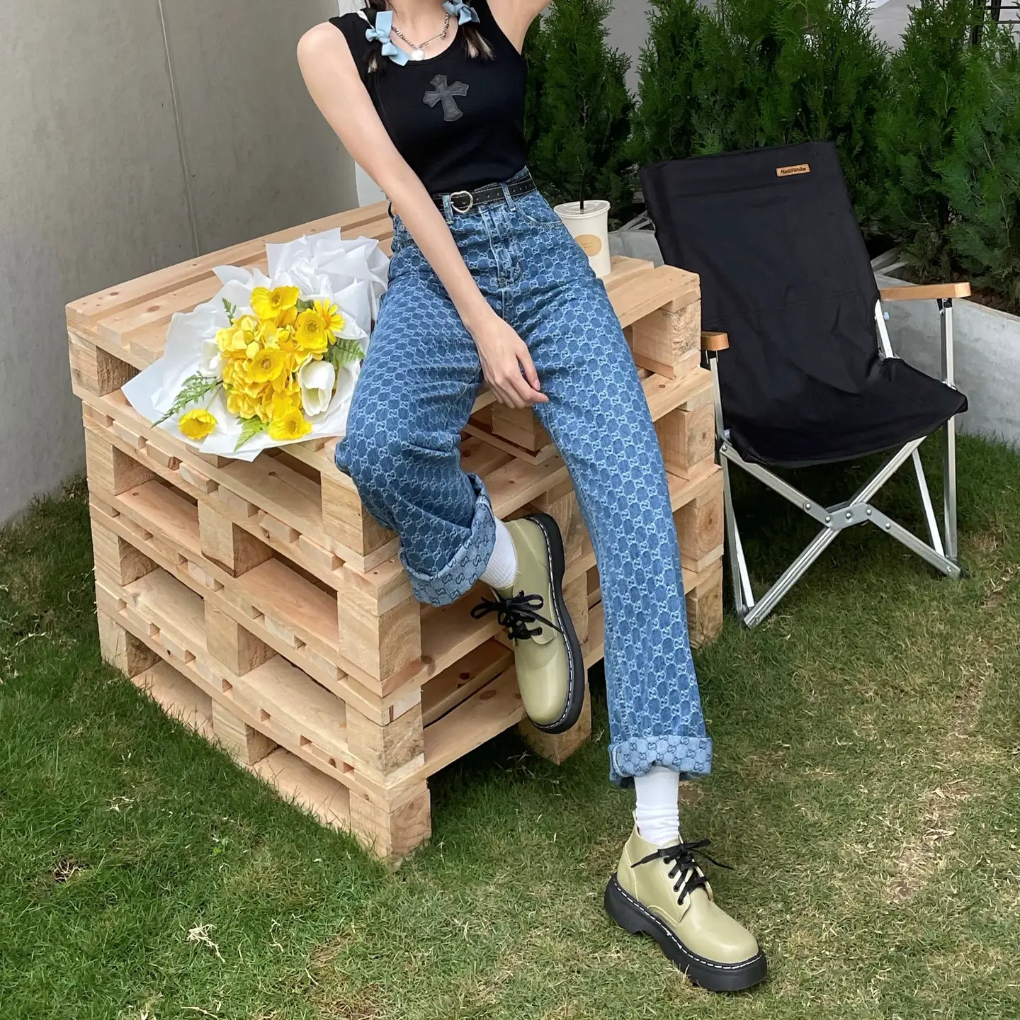 2023 Spring and Autumn New Full Print Blue High Waist Jeans Street Hip Hop Loose Straight Leg Wide Leg Jeans