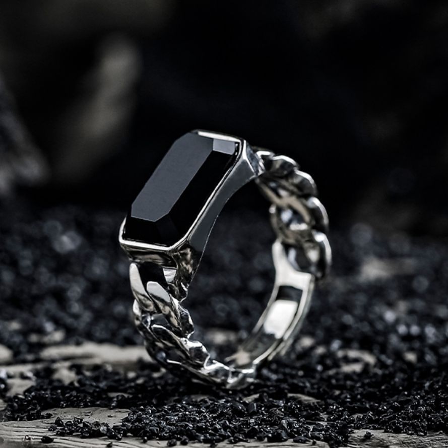 Vintage Distressed Simple Black Zircon Ring Men's Personalized Fashionable Unisex Single Ring Opening Adjusting Ring