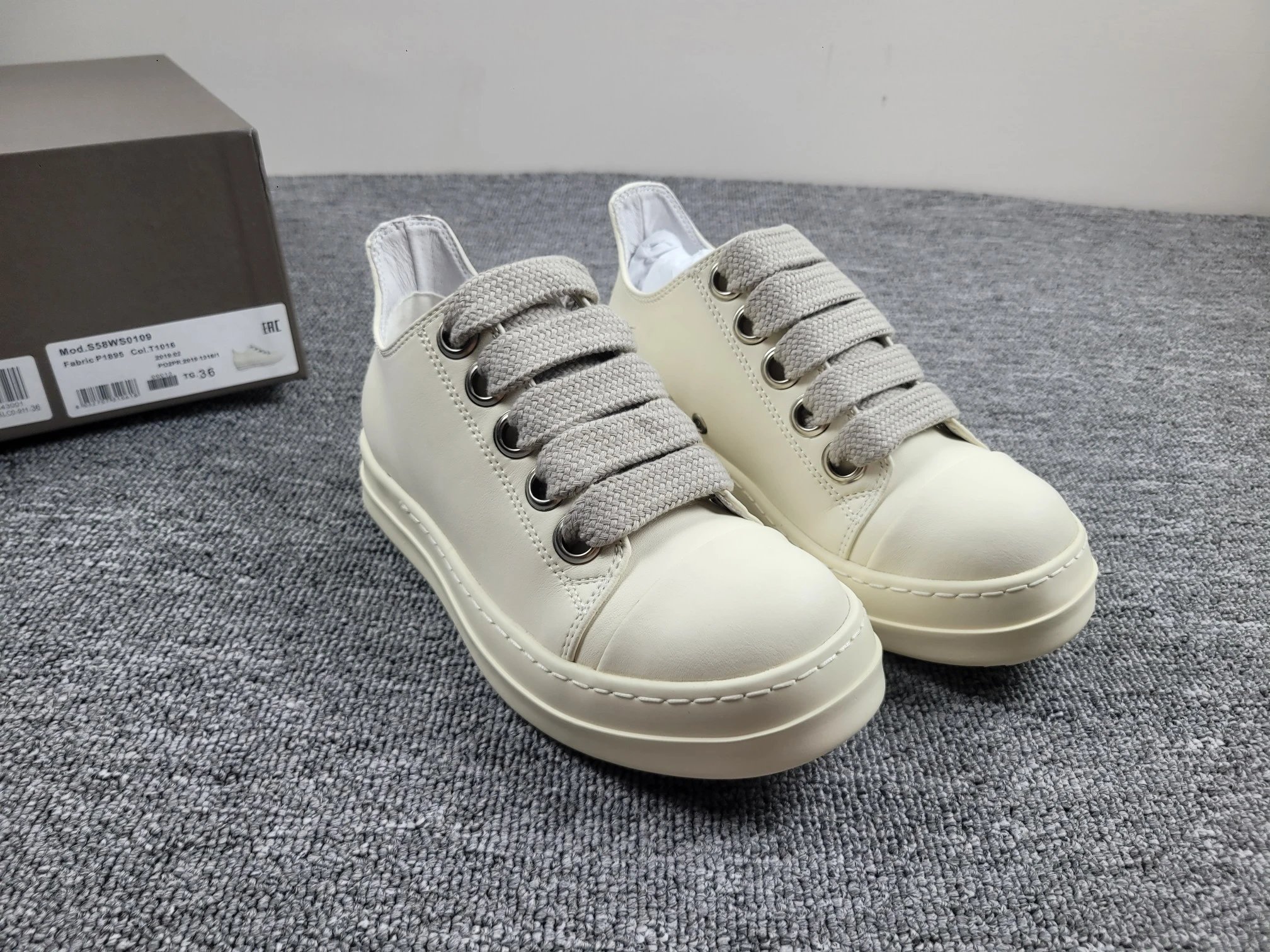 广版/36码 正码 /DRKSHDW Double Bumper 圆头系带 低帮 全头层皮 男女款 白色 Foto QC de WEIDIAN na Qualit.ly