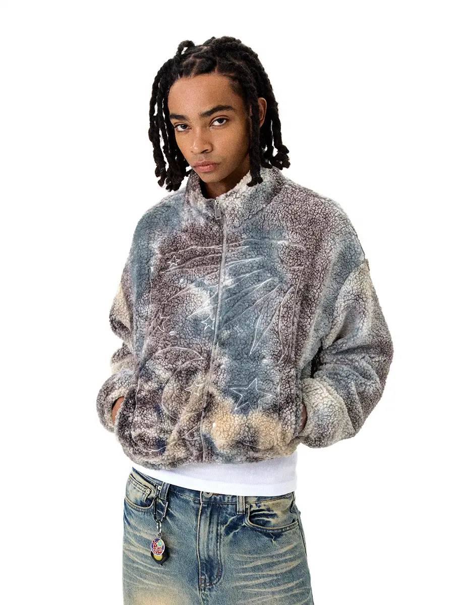 CoNP 24aw Sun Moon Star Embroider Tie-Dye Berber Fleece Coat