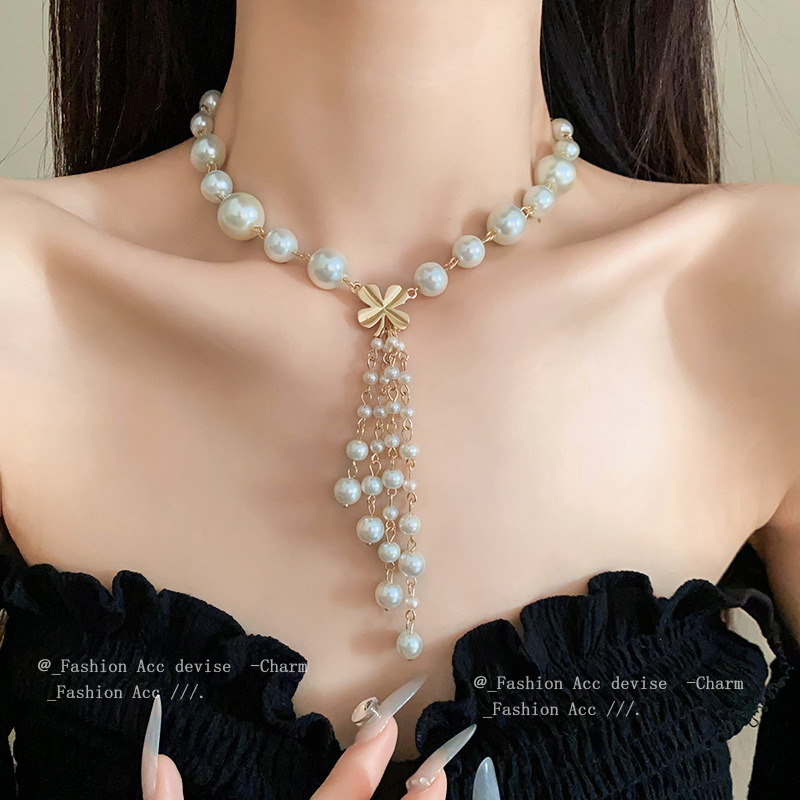 Super Fairy Faux Pearl Flower Tassel Necklace French Elegant Elegant Clavicle Chain Dress New Design Necklace Women