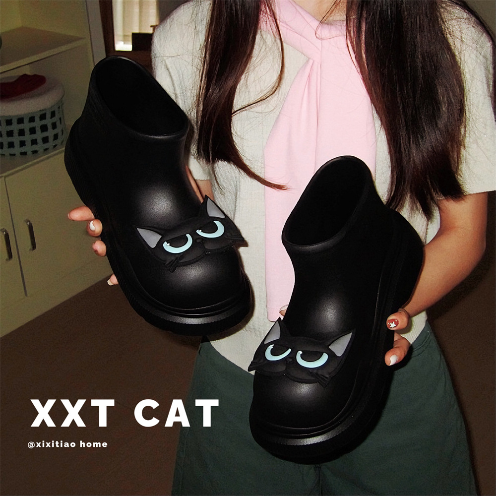 Four Seasons Neutral Fashion Female Cute Little Black Cat Girl's Favorite Shoes Waterproof Soft Thick Sole Adult Plaid Outdoor Rain Shoes