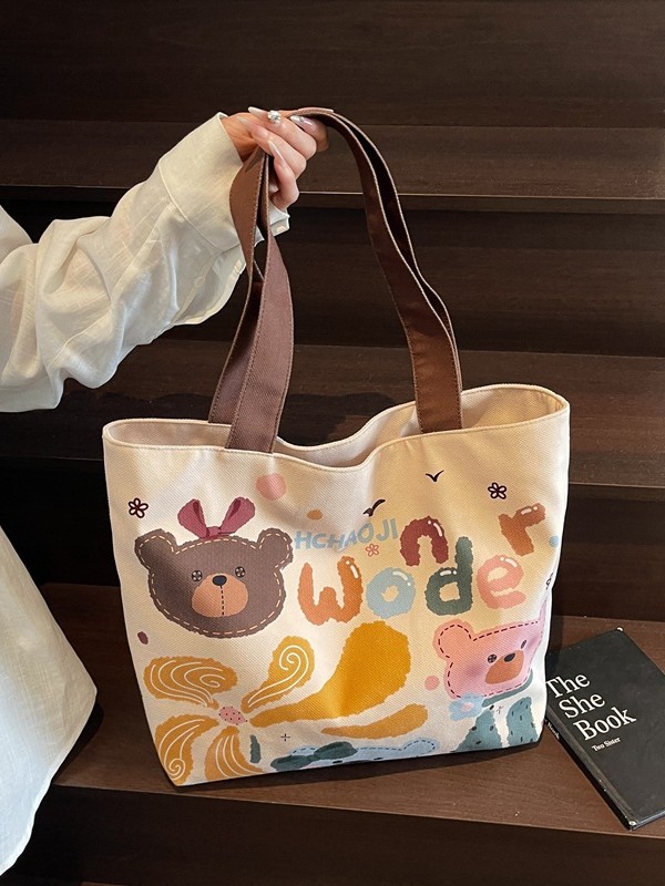 Korean Style Casual Painted Cartoon Cloth Tote Bag 2025 New Cute Girl Versatile Texture Shoulder Bag