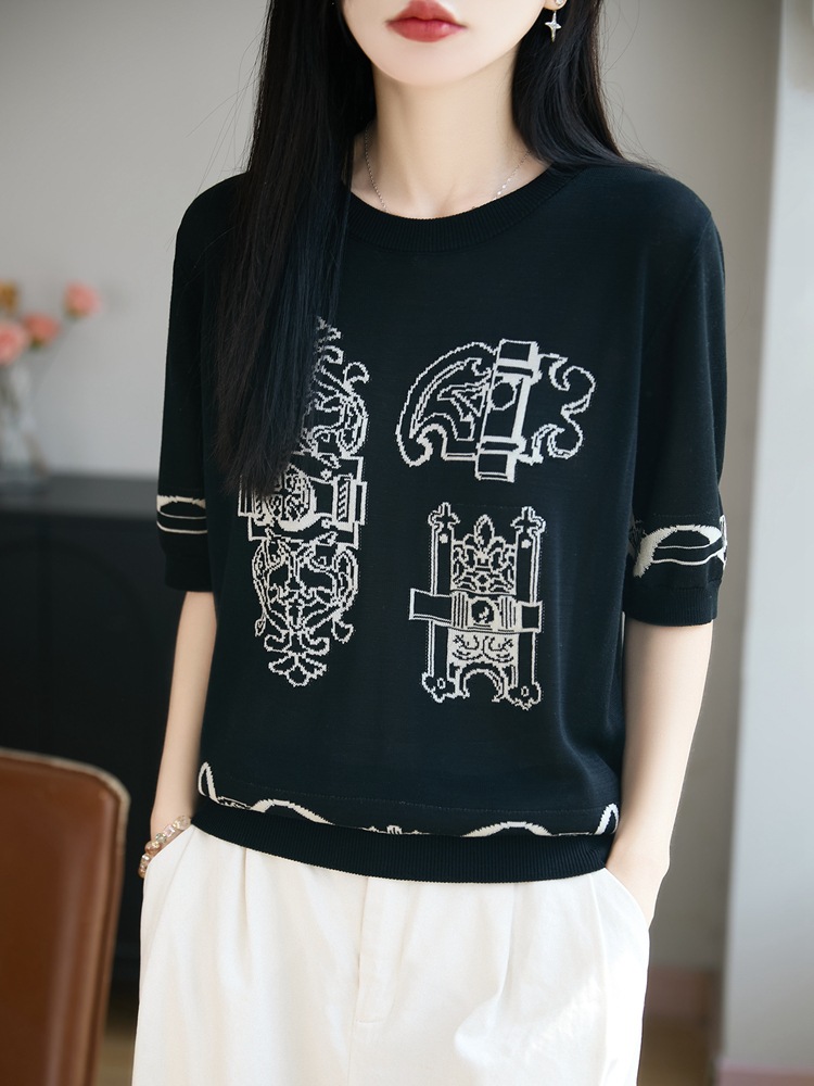 Vintage Printed Short-Sleeve T-Shirt for Women, Round Neck, Versatile and Comfortable, Suitable for Layering, Summer Lyocell Tencel Knit Women's Top