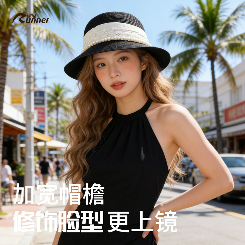 Panama Sun Hat Export European and American Fashion Elegant Ol Round Brim Hat Cross-Border Hat Pearl Ribbon Round Top Straw Hat